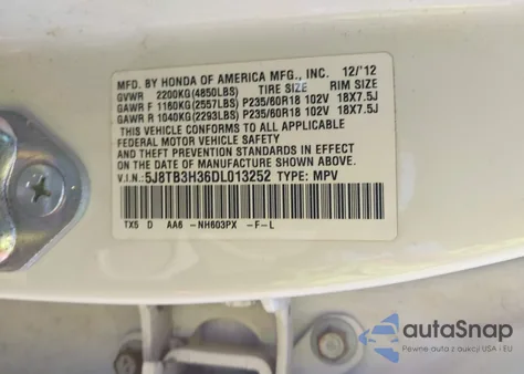 2013 Acura Rdx из США, поврежденный, VIN 5J8TB3H36DL013252